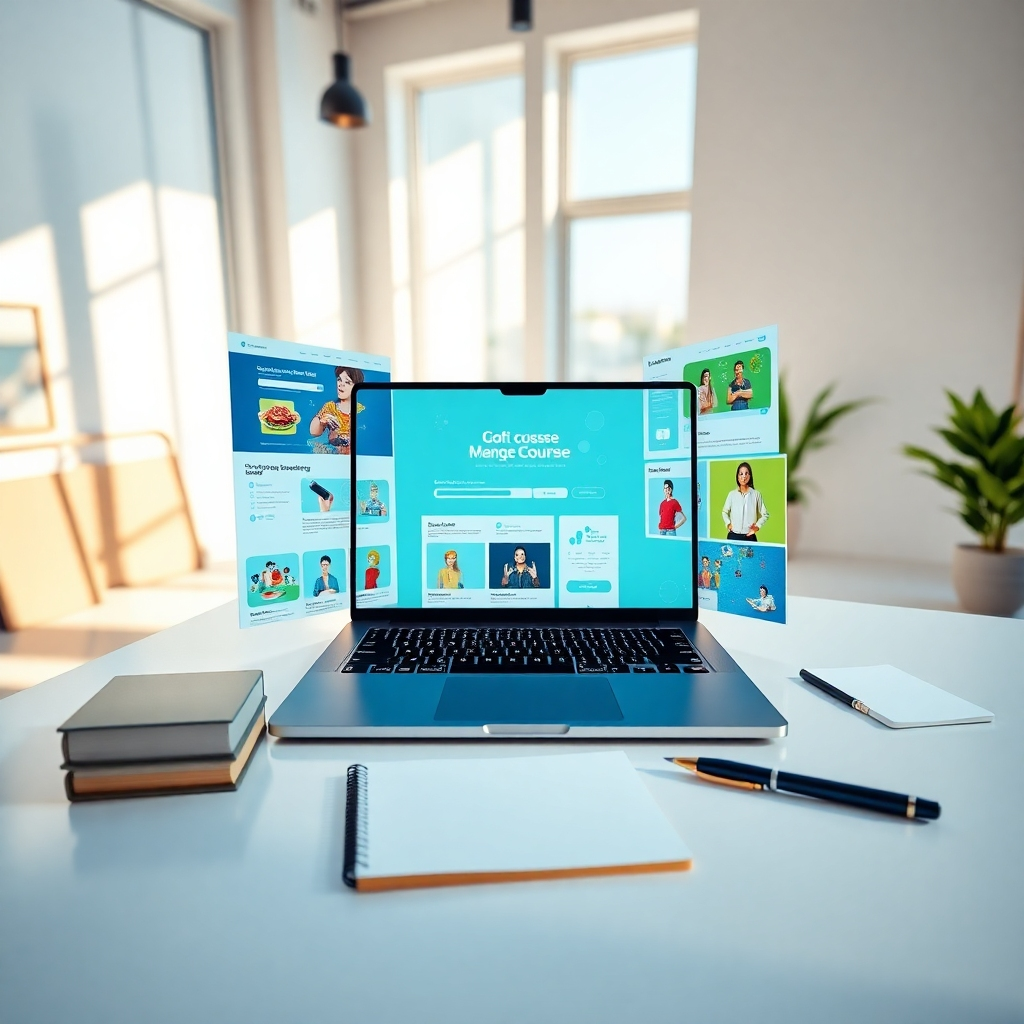 An open laptop surrounded by vibrant course templates displayed on the screen, showcasing diverse subjects like cooking, programming, and art. The scene is set in a bright, airy studio, with large windows letting in natural light that creates playful shadows across the workspace. The color palette features cool blues and greens contrasted with warm highlights, promoting a sense of creativity and focus. The camera perspective is a close-up from above, capturing the intricate designs of the templates against the sleek backdrop of a modern desk adorned with minimalist décor. A notepad and stylish pen sit beside the laptop, conveying an organized and efficient creative process. Rendered in ultra-detailed 8K, this image reflects a contemporary artistic environment, inspiring creativity and customizability.