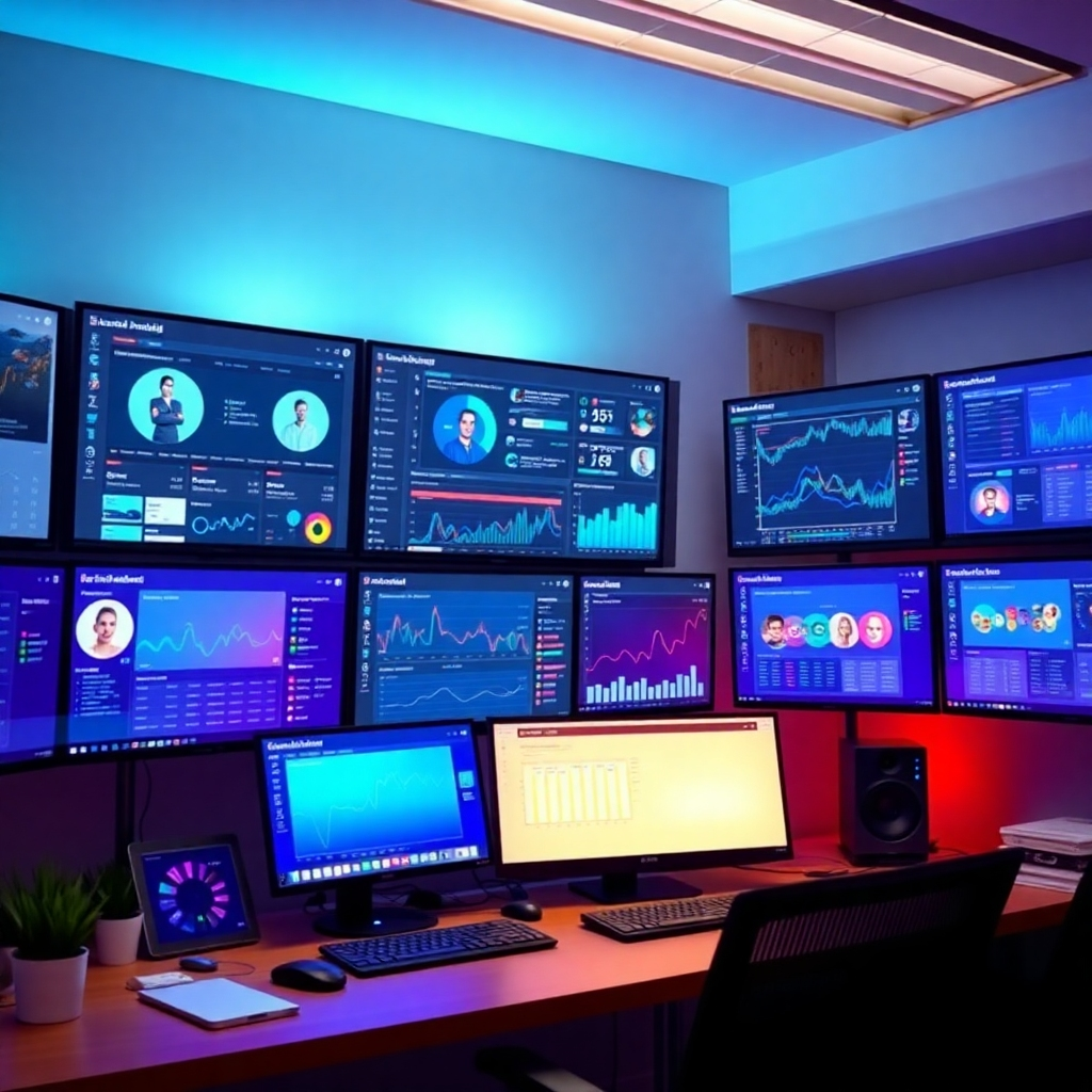 An organized digital workspace featuring multiple social media dashboards and analytics. Dynamic light illuminates the screens, giving a sense of action and efficiency. The ambient colors are bright, creating a positive work environment. Technical specs: clear and engaging.