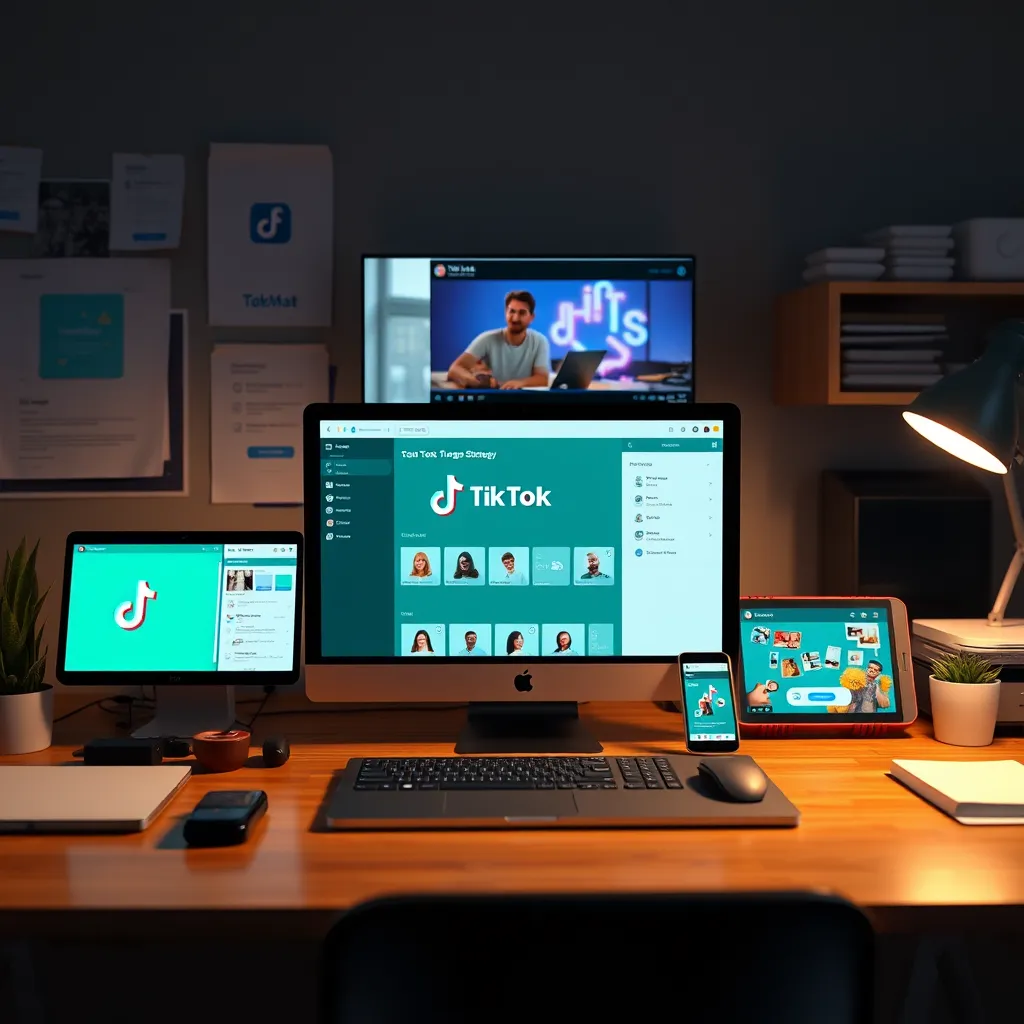 An organized workspace displaying various marketing tools and apps on digital devices, with a spotlight on the TokMate platform. Include a backdrop of a TikTok video creation in progress, highlighting the tools for content creation and strategy optimization.