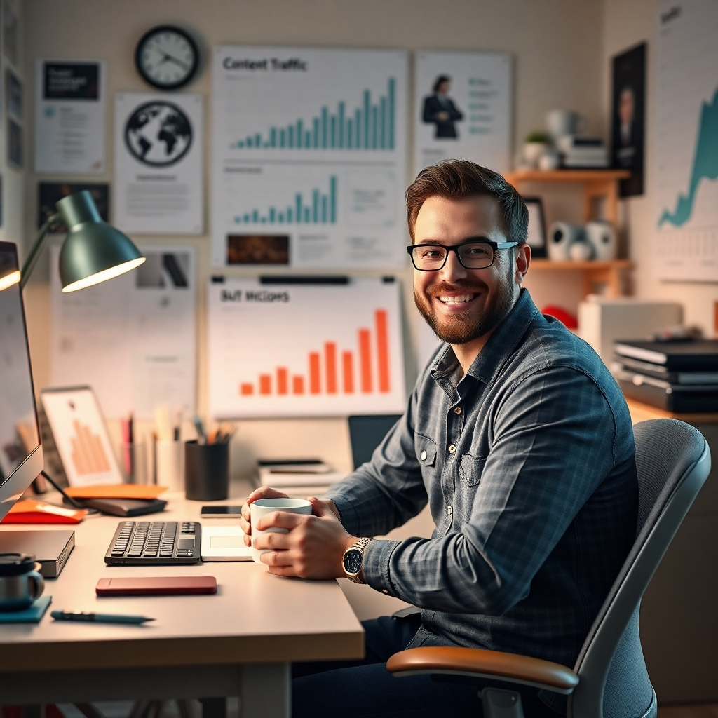 An organized workspace with charts and analytics showing growth in traffic and sales. A smiling content creator sits at a desk surrounded by creative tools and devices, enjoying a cup of coffee, illustrating the stress-free work-life balance.