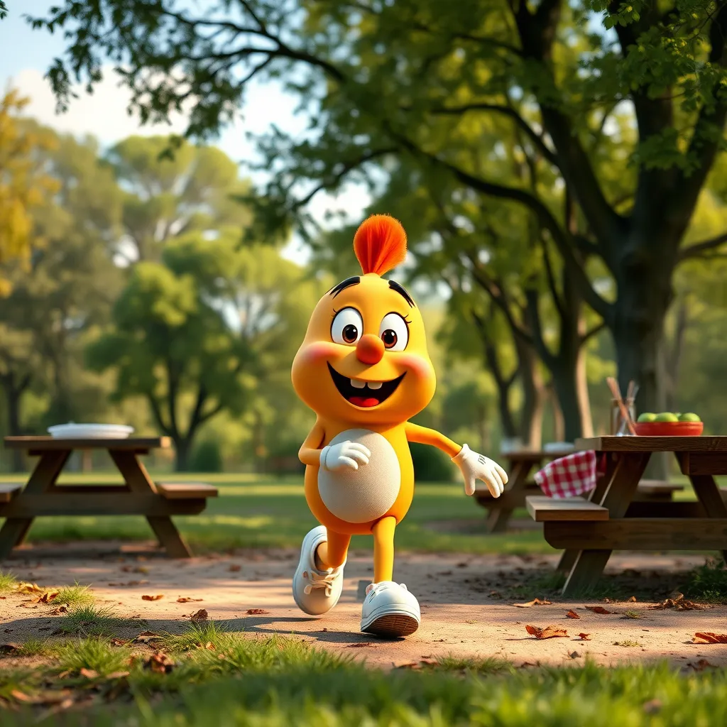 An outdoor park setting where a beloved cartoon character is joyfully walking and waving, with trees in the background and a picnic setting around, showcasing realistic movement and energy, emphasizing the lively interaction of Talking Photos AI.