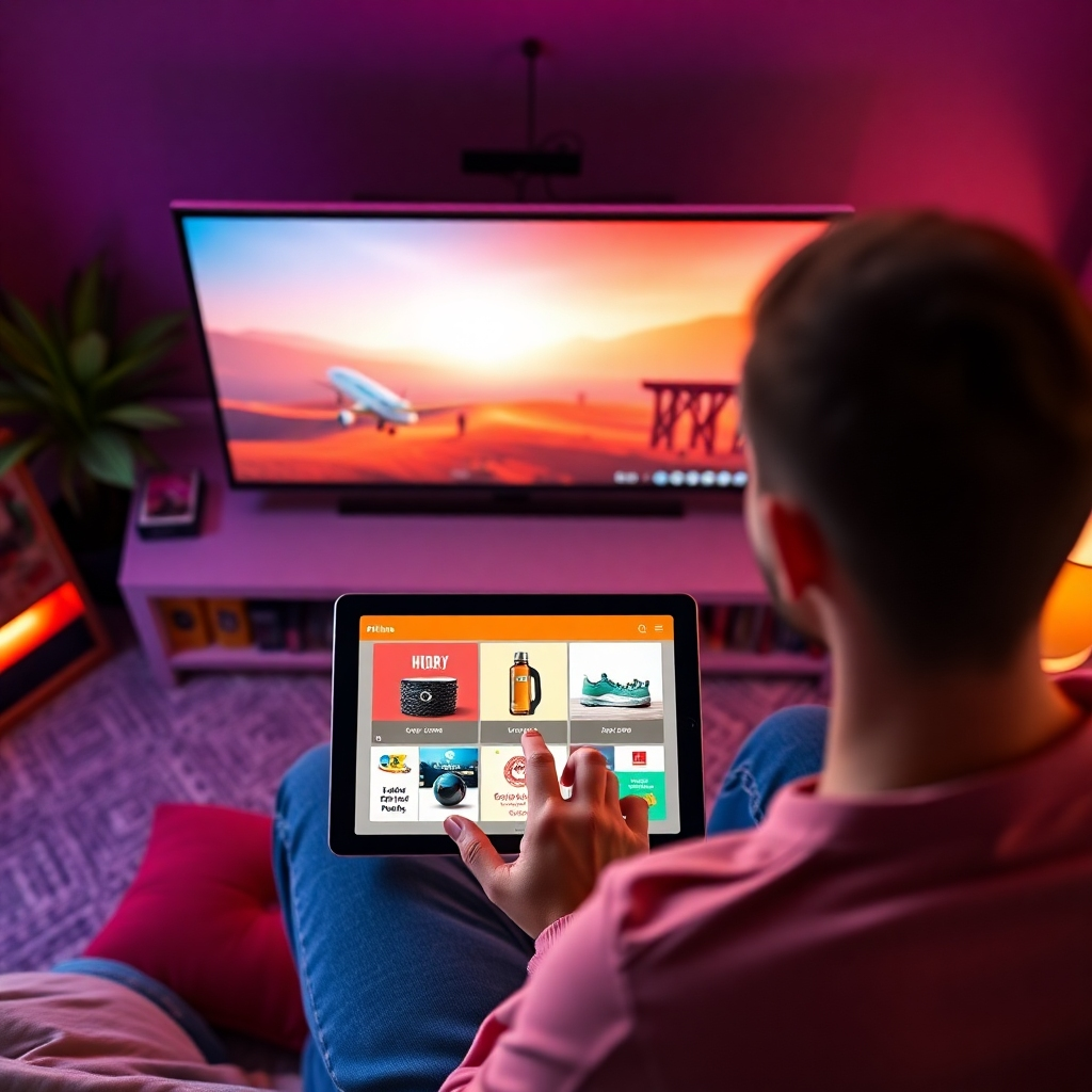 An overhead shot of a lively TV streaming setup showing a tablet screen with affiliate product ads. Include vibrant colors, a person interacting with the tablet, and fun graphics that represent purchasing while watching videos.