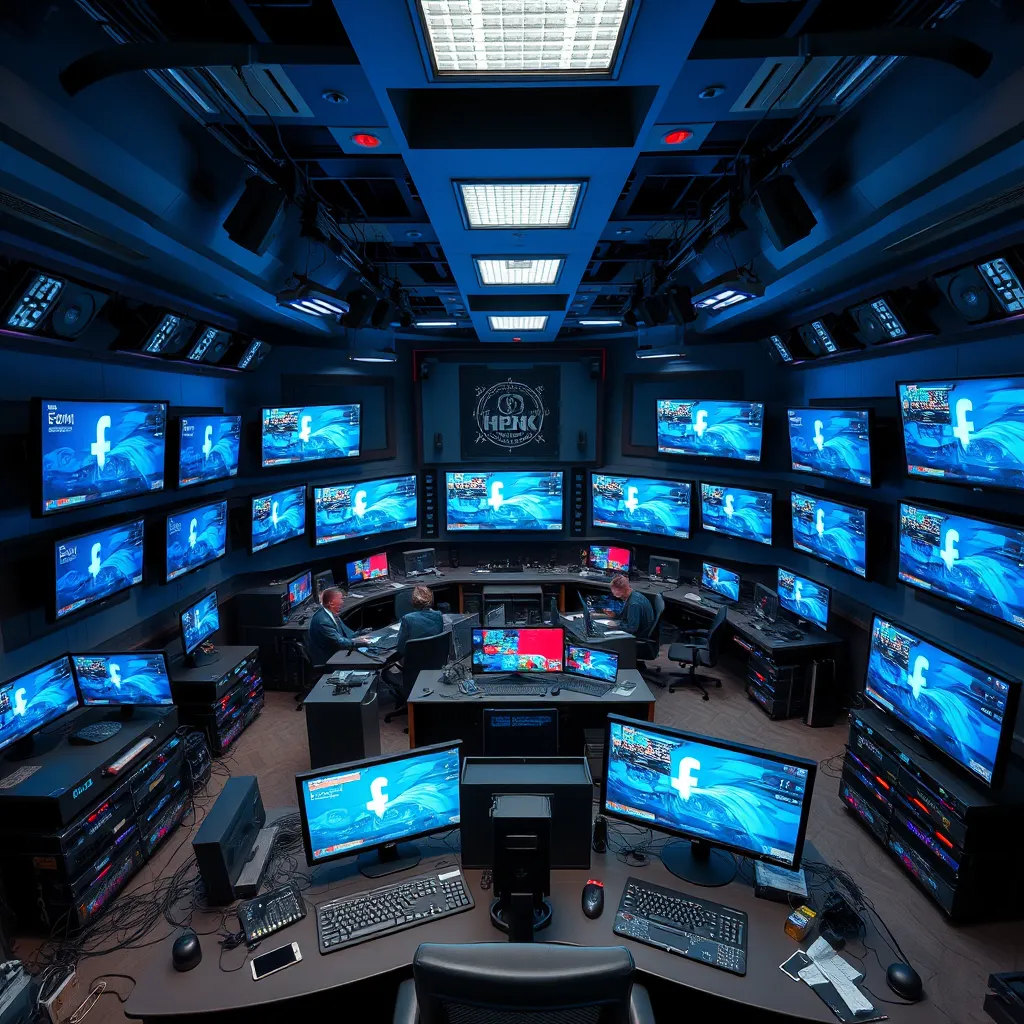 An overhead view of a bustling digital broadcast studio equipped with multiple monitors displaying platforms like Facebook and YouTube. The lighting is bright and even, highlighting the detailed screens and equipment. The color palette features cool blues and grays with pops of color from the screen graphics. The perspective shows the intricate arrangement of technology and personnel focused on managing the streams. Textures of metal and glass reflect professionalism while ambient soundproofing elements add depth. A tech-savvy style inspired by high-production video setups, ultra-detailed, 8K resolution.