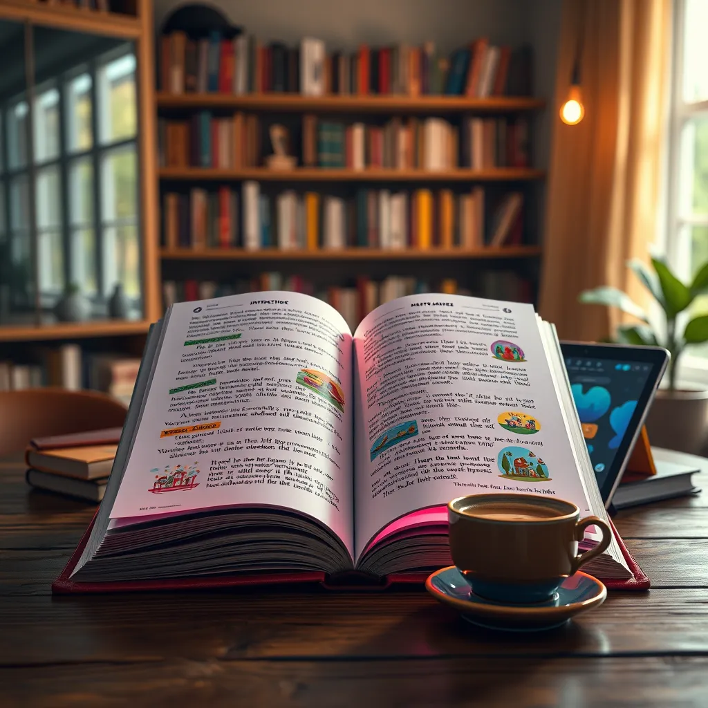 An ultra-detailed image showcasing a vibrant, open interactive book with dynamic formatting. The pages are filled with colorful graphics and animations, highlighting engaging texts. Soft diffused lighting illuminates the book, enhancing the vivid colors of the illustrations. The background features a cozy reading nook with shelves filled with books, a wooden table adorned with a digital tablet displaying interactive elements, and a cup of steaming coffee. The mood is warm and inviting, creating an atmosphere of creativity. The camera angle is slightly elevated, focusing on the book while giving a glimpse of the inviting environment. Ultra-high quality, 8K resolution, hyperrealistic details, texture of paper visible, capturing the essence of a modern reading experience.