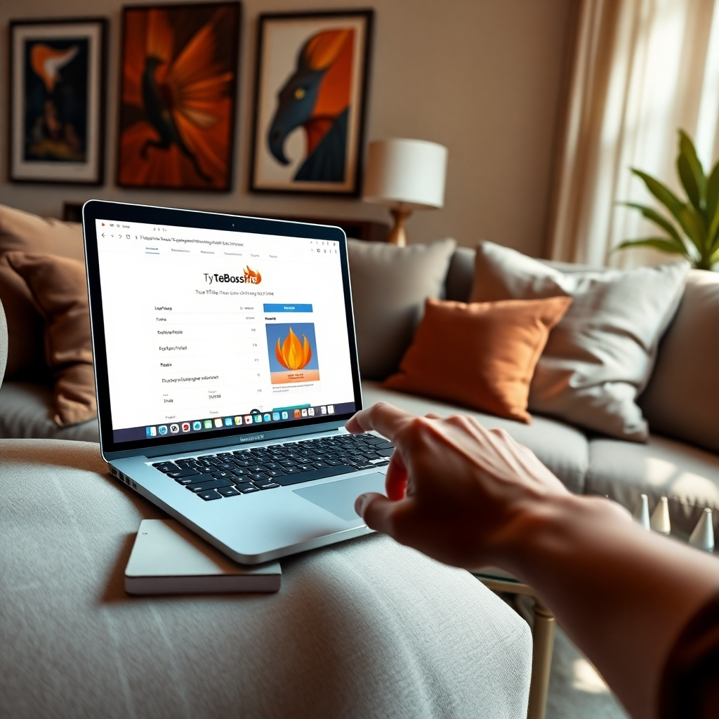An ultra-high-definition image illustrating a laptop open to the TVBossFire TeeVee application's affiliate link integration page. The environment is a cozy living room with artistic decor, featuring a comfortable sofa and soft pillows. Dramatic side lighting accentuates the laptop’s screen, making the application interface glow invitingly. The color palette incorporates warm earth tones with splashes of vibrant orange, symbolizing energy and enthusiasm. The perspective is from above, showcasing the user’s hand reaching towards the mouse, expressing connectivity and interaction. Textures include soft fabric of the sofa and sleek glass elements on a coffee table. Background elements like books and a digital tablet add a dynamic, modern touch. The overall style is reminiscent of lifestyle photography, emphasizing hyperrealistic details and rendered in stunning 8K resolution.