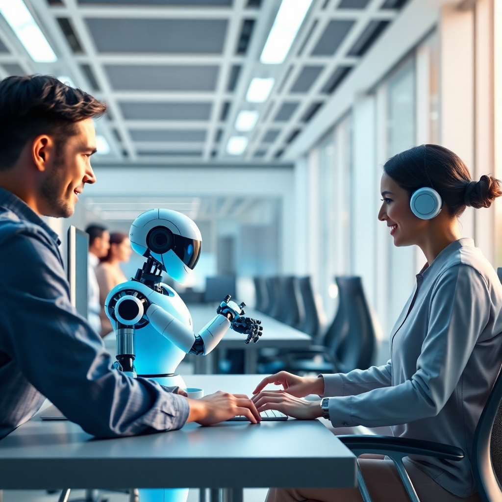 An ultra-modern office environment highlighting teamwork with AI robots assisting in mundane tasks. The composition hints at a harmonious connection between humans and technology, with soft, ambient lighting that creates a productive atmosphere. Use a palette of soft blues and whites to represent clarity and innovation. The focus will be on collaboration, showcasing interaction with AI systems. Technical specifications: crisp, high definition.