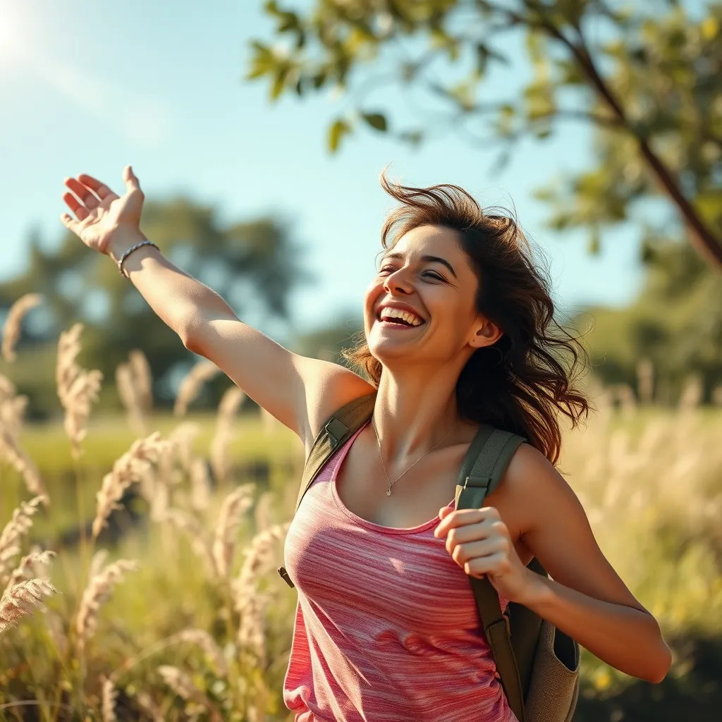 An uplifting image of a happy, healthy person enjoying an active lifestyle outdoors, surrounded by nature. The individual should appear vibrant and full of energy, reflecting the benefits of Gluco6, with visual elements representing balance and vitality.