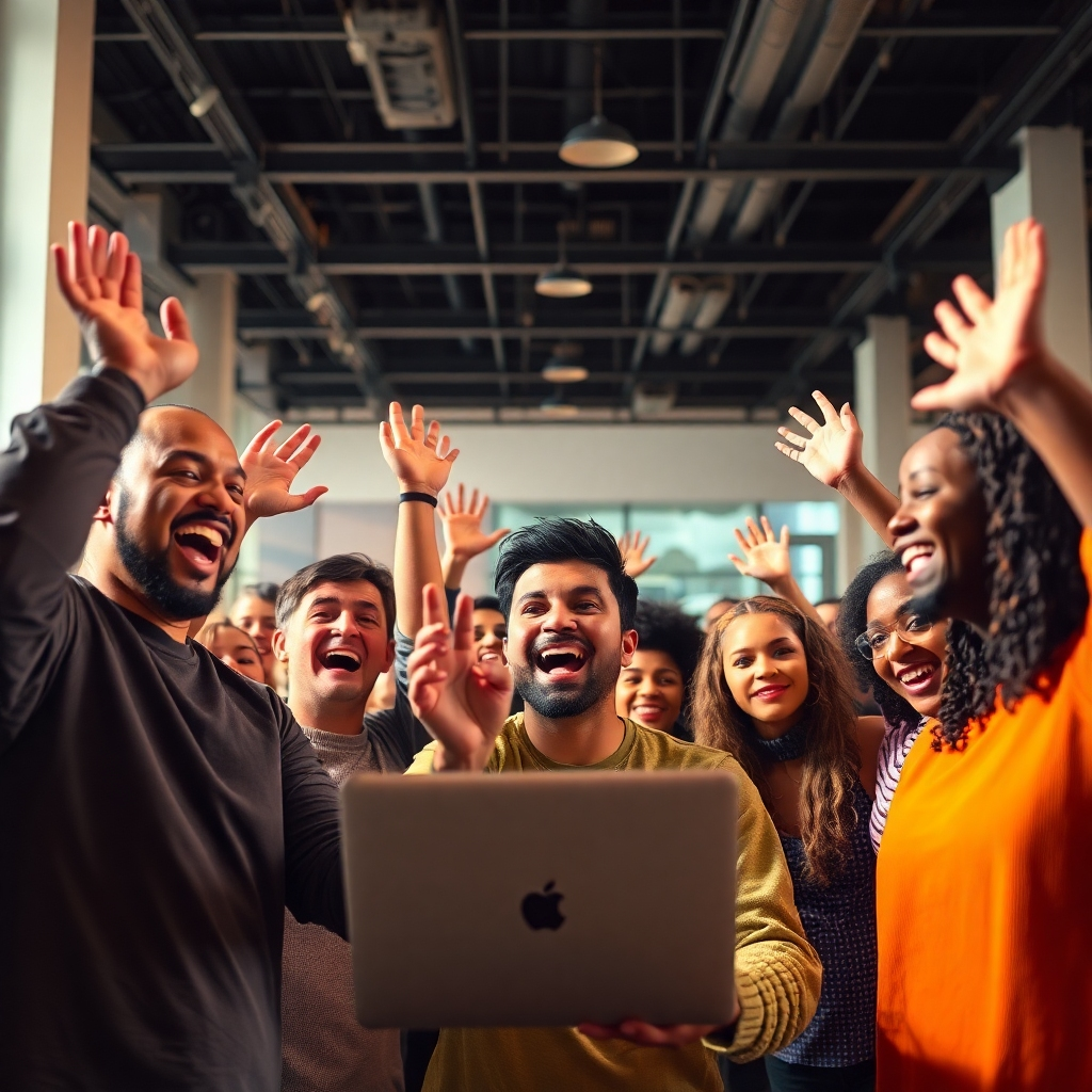 An uplifting image portraying a diverse group of creators enthusiastically engaging with AI tools that unleash their creativity. The colors are bright and vivid, enhancing the atmosphere of excitement. Lighting conditions are bright and welcoming, creating a positive environment with textures reflecting diversity and inclusivity.