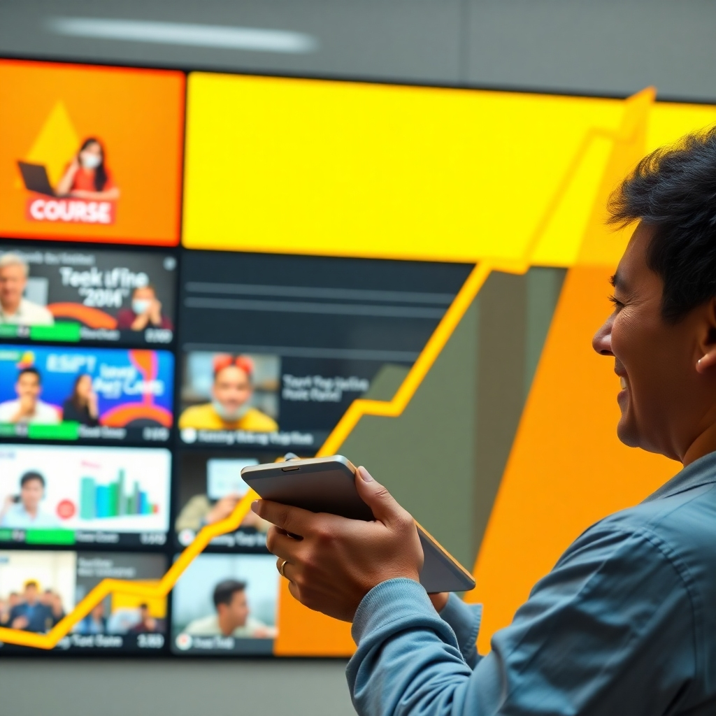 An upward trending graph representing increasing profits over time, with various high-quality digital course thumbnails in the background, and a person happily reviewing their income on a tablet, depicting a successful online education business with bright colors.
