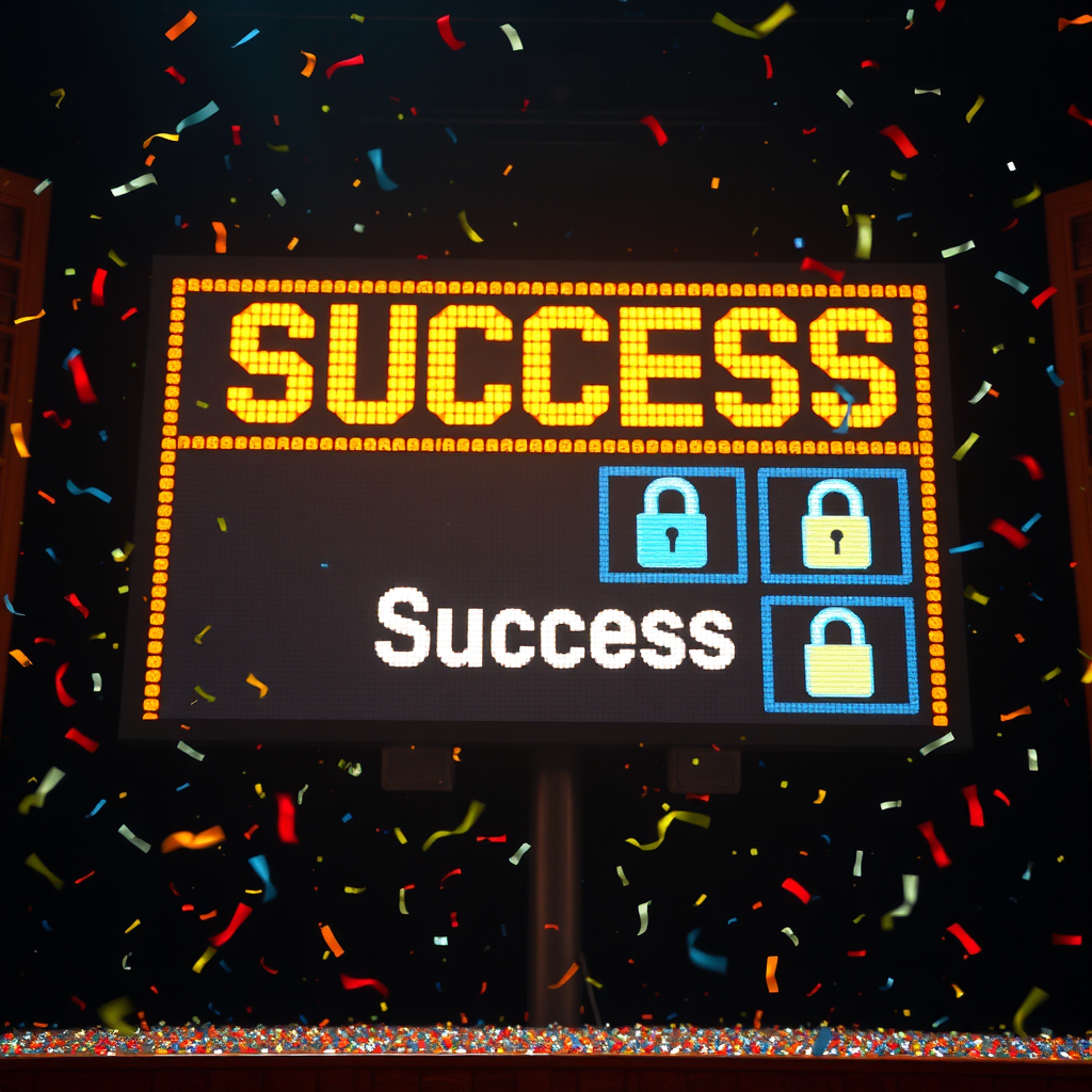 Capture a victorious moment symbolizing triumph over cyber threats, illustrated by a digital scoreboard displaying 'Success' and images of secured data files. The background should have celebratory elements like confetti and bright colors to evoke a sense of accomplishment. The scene should be lively and vibrant, embodying success in a photorealistic design.