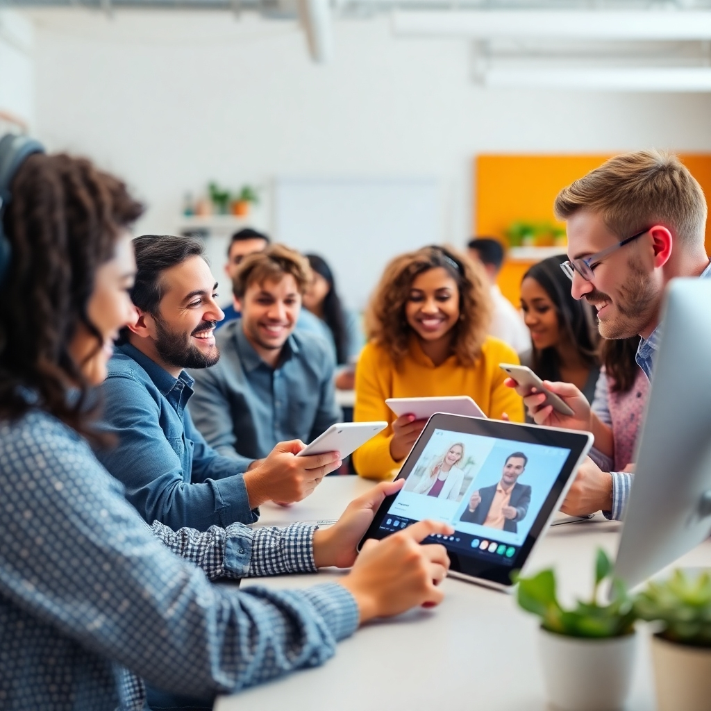 Capture an engaging scene showing individuals using a computer and tablets to create videos with Pictory. The environment should be lively, with bright colors and diverse participants actively engaged in the process. Soft lighting should highlight the focus on creativity and innovation in the workspace.