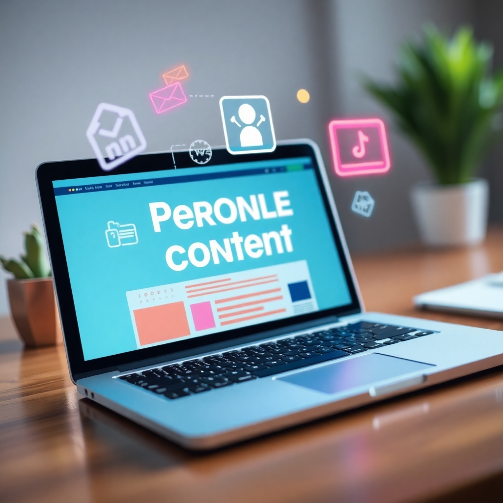 Capture an image that shows personalized content being generated on a laptop screen, with various digital elements floating around symbolizing customization. Use vibrant colors and soft-focus in the background to highlight the main action, making the tech look inviting and user-friendly.