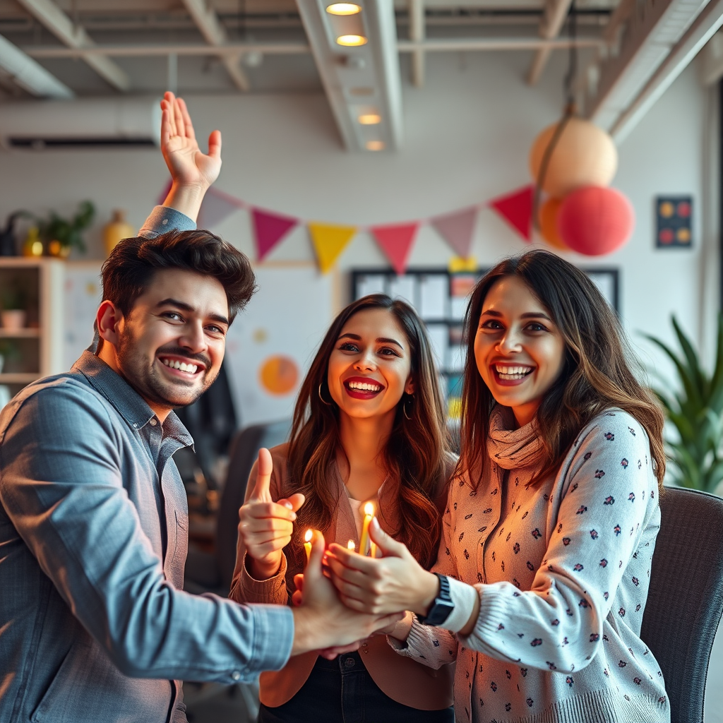 Capture an inspiring moment where a team celebrates a successful project achieved with the help of AI clones. Utilize a vibrant office space with colorful decorations to indicate a creative environment. Warm, celebratory lighting reflects positivity and accomplishment. The camera should focus on the joyful expressions of the team, showcasing their collaboration and the role AI played in their success. Elements such as awards or performance boards should enhance the narrative, all maintaining high-quality visuals.