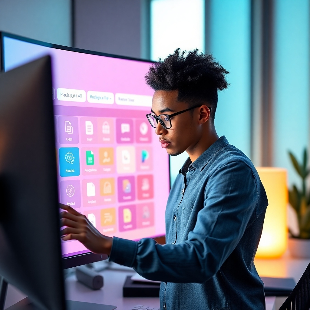 Close-up of a computer screen showcasing a colorful, user-friendly drag-and-drop interface for building AI tools. The workspace is bright and organized, with icons representing various SaaS functionalities. A diverse person is actively engaging with the interface.