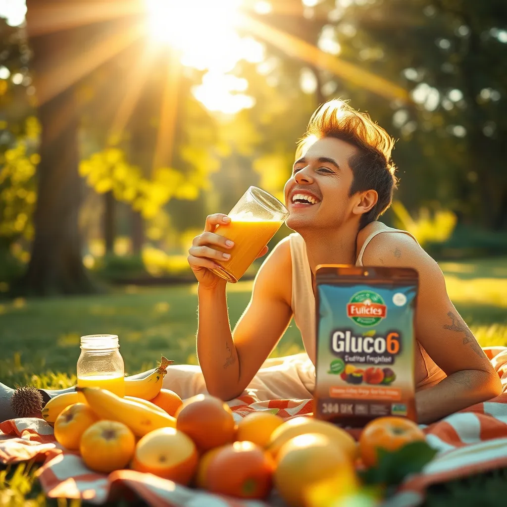 Compose an inspiring scene depicting an energetic lifestyle with a person engaging in outdoor activities, radiating vitality and bliss. The individual should be drinking a smoothie made with natural ingredients, with the Gluco6 product visibly placed nearby, resting on a picnic blanket that has colorful fruits scattered around. Bright, golden sunlight bathes the scene in warmth, creating a joyful atmosphere. The colors should be vibrant, focusing on yellows, oranges, and greens for energy. Capture this from a mid-range angle emphasizing the subject's smile and the scenic park surroundings. Ensure the image is hyperrealistic, detailed, and in 8K resolution, reflecting an active and healthy lifestyle.