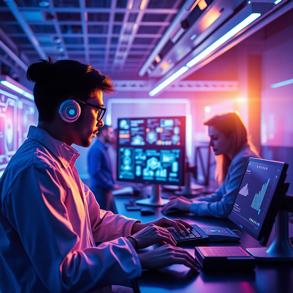 Conceive a forward-looking, high-quality image representing futuristic innovations in AI chatbots. The setting should showcase advanced prototypes and research labs in-depth, exhibiting diverse teams focusing on development. Dramatic highlights and shadows from ambient blue lighting should invigorate the scene, with various AI concepts illustrated on screens. A mix of sterling silver and violet hues should suggest future-oriented thinking. This image aims to inspire progress.