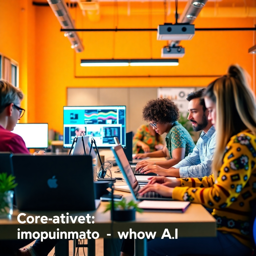 Conjure an image of a creative content production process. The scene should include a busy office where team members are collaborating over laptops. Bright, cheerful colors dominate the environment, showcasing an inspiring workplace. The image should have a narrative of creativity and innovation through AI.