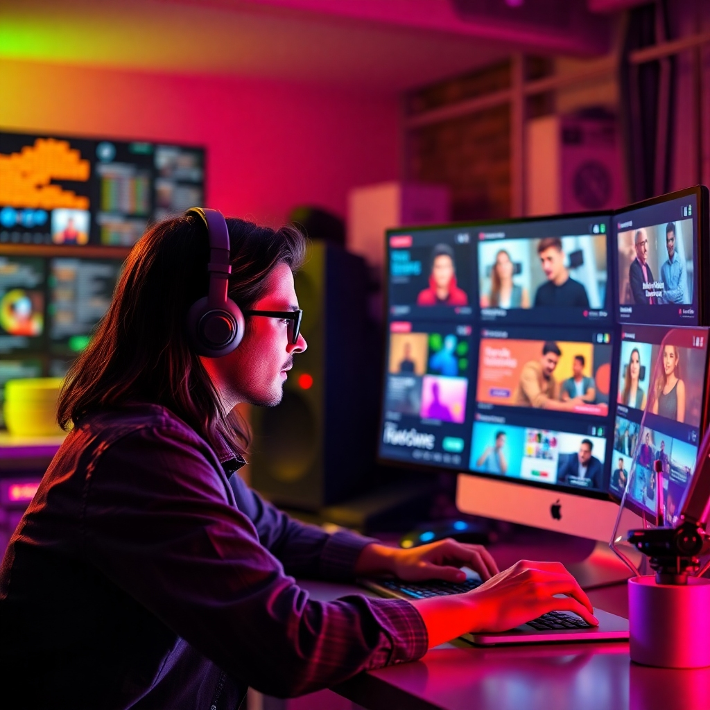 Construct a digital workspace where a marketer uses AI to create compelling content. The image should depict a user interface with colorful content blocks and engaging visuals appearing on screens. Utilize vibrant lighting to bring energy to the scene, with warm tones complementing cool tones. The workspace should show a mixture of technology and creativity, encouraging the narrative of intelligent automation driving content creation.