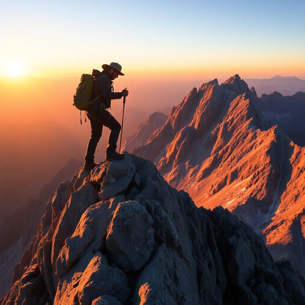 Construct an image that metaphorically represents overcoming sales challenges—depict a mountain climber reaching the summit, symbolizing entrepreneurial spirit. The setting should be breathtaking, with a sunrise casting a golden hue over the mountains. Use warm colors for the sunrise and textured rock surfaces to create depth. This image should encapsulate perseverance and achievement in sales, inviting viewers to visual success. A heroic focus on the climber should draw the eye.