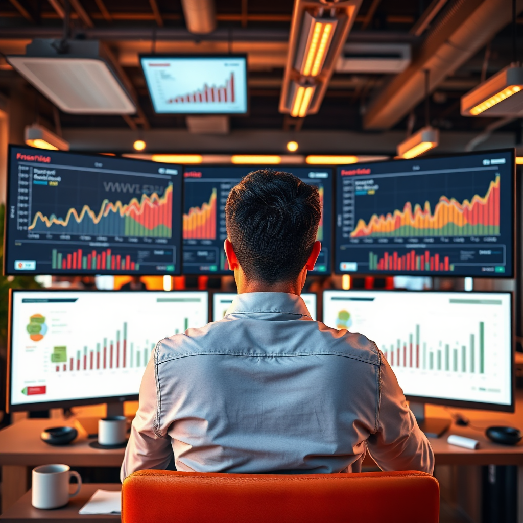 Craft a dynamic image showing an individual utilizing UgenticIQ's software on multiple screens, graphs displaying rising performance metrics. The environment should be a stylish office with a blend of modern furniture and tech accessories. Warm lighting gives a sense of clarity and concentration. The angle should capture the user engaged with the software, conveying focus and productivity. Elements like post-it notes, a coffee mug, and futuristic screens are ideal props, with a sleek, polished style in a high-resolution format.