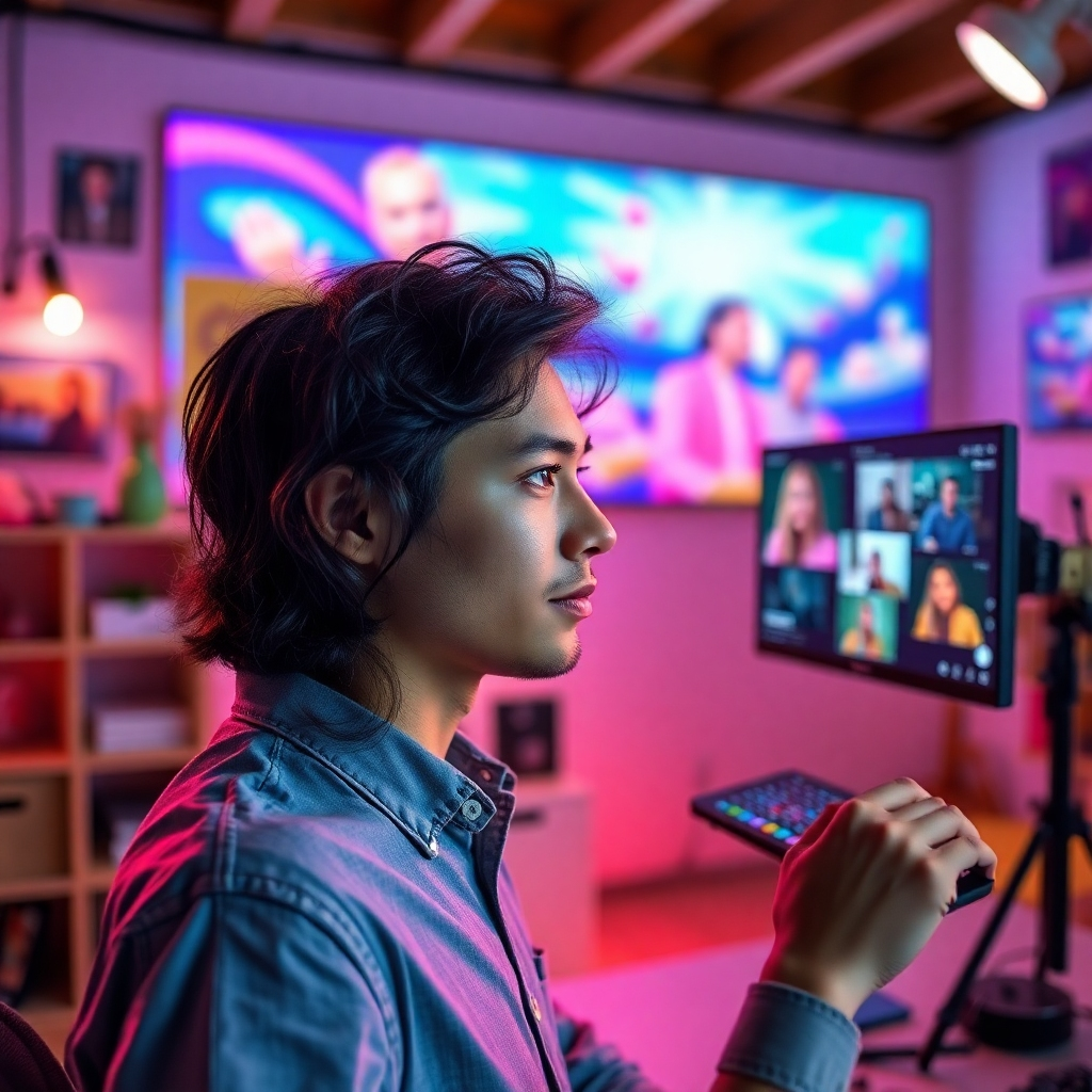 Craft a photorealistic image of a person using MovieReelAI in a creative space, surrounded by visual elements like animated graphics and vibrant videos transforming in real time. The lighting should be bright and inspiring, with a colorful and energetic palette that radiates creativity. Show the camera angle from a side view to capture the individual’s focused expression as they interact with the software, blending technology and art beautifully.