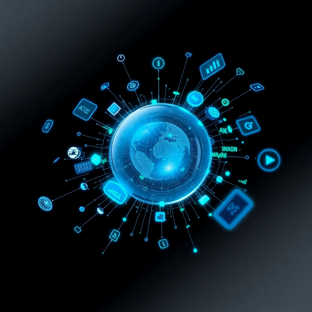 Craft a striking image that portrays a futuristic interface showcasing AI algorithms at work in real-time optimizations for traffic generation. This should be composed with floating data elements and analytics projecting from a central sphere, creating a sense of immersion. Use vibrant blues and greens against a sleek black background, highlighting the advanced technology. The angle should be dynamic, presenting a 3D effect to draw the viewer’s attention to the capabilities of AI. The final image must be high quality and photorealistic.