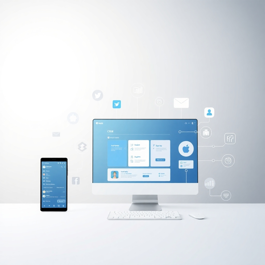 Craft a visual of a user interface merging smoothly with various business tools like CRM and social media platforms. Use a clean, modern design, with a soft gradient background, transitioning from light to dark shades. The foreground should display a clear interface that's engaging and user-friendly. Ensure high-resolution clarity to bring out details of the interface in a photorealistic manner.