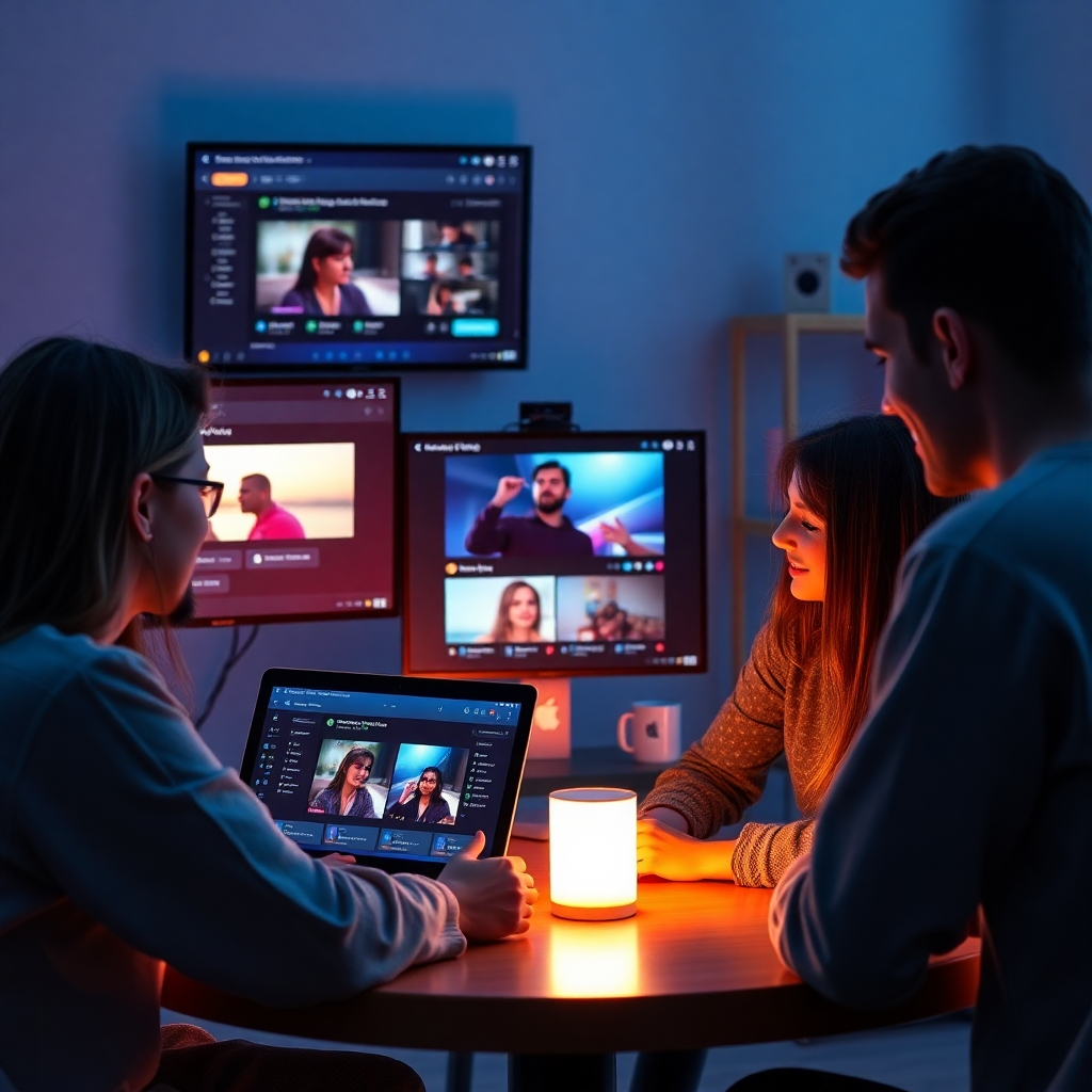 Craft an engaging image of multiple creators collaborating online using MovieReelAI's interface. The composition should capture vibrant screens displaying shared video timelines and brainstorming ideas. Use soft, inviting lighting in a cool color palette, creating a sense of inclusivity and teamwork, emphasizing creativity at its peak.