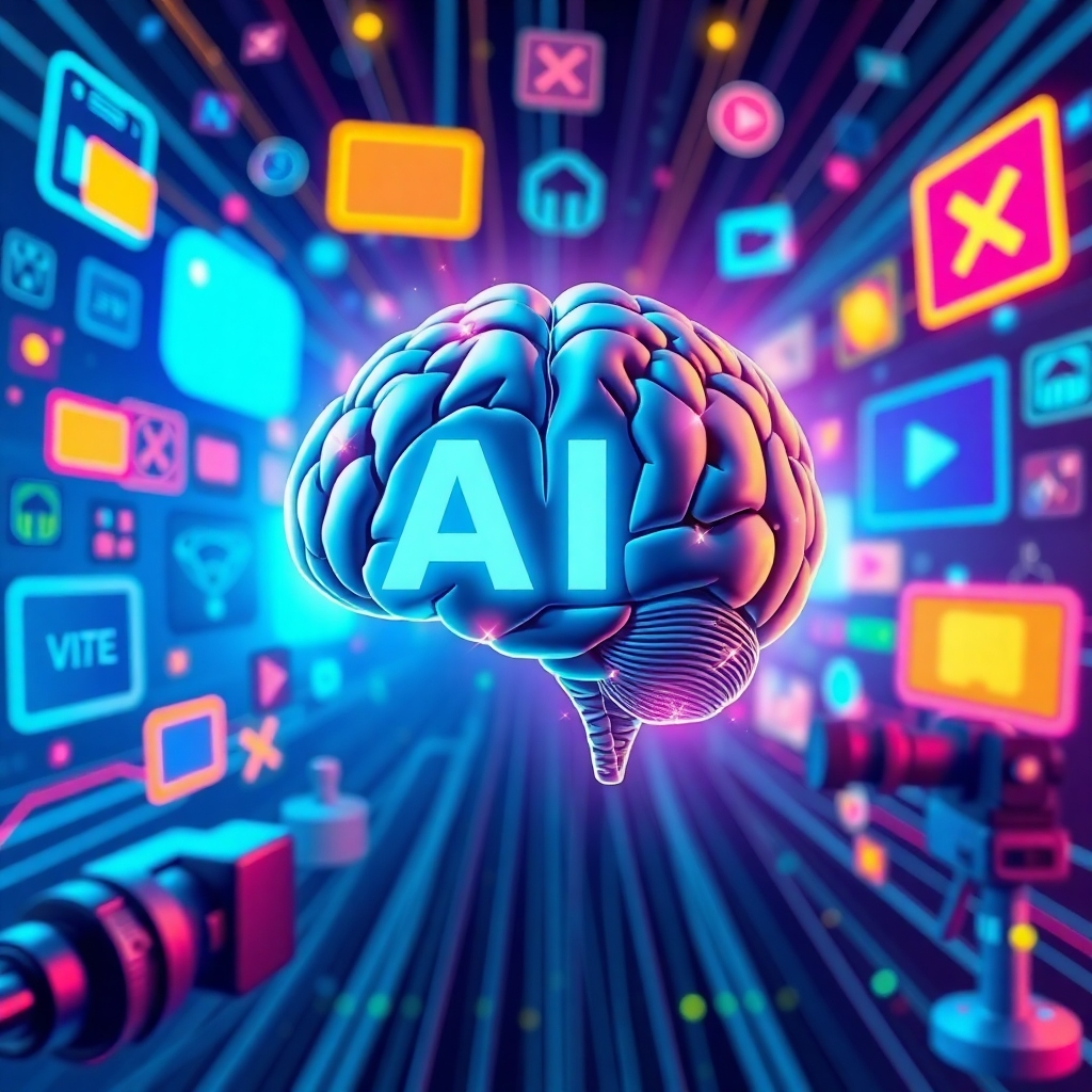Craft an image featuring an AI brain graphic that symbolizes intelligence and innovation, set against a backdrop of digital video icons and camera elements. The illustration should be sharp and colorful, utilizing a futuristic style with neon highlights. This perspective should center the brain graphic, creating a focus on AI as the key to automated video marketing.