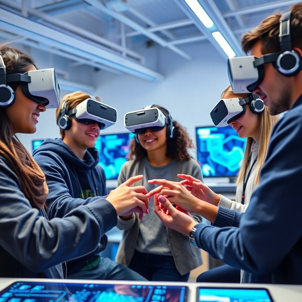 Craft an image showcasing a diverse group of students engaged in a collaborative project, utilizing VR headsets and interactive tech. The environment should be modern and futuristic, with blue accents and digital interfaces visible. Accentuate the teamwork aspect by including visual elements like brainstorming displays and shared screens. Capture this dynamic scene from a slightly elevated angle, incorporating intricate details of technology and collaboration. High-quality, 150-200 words.