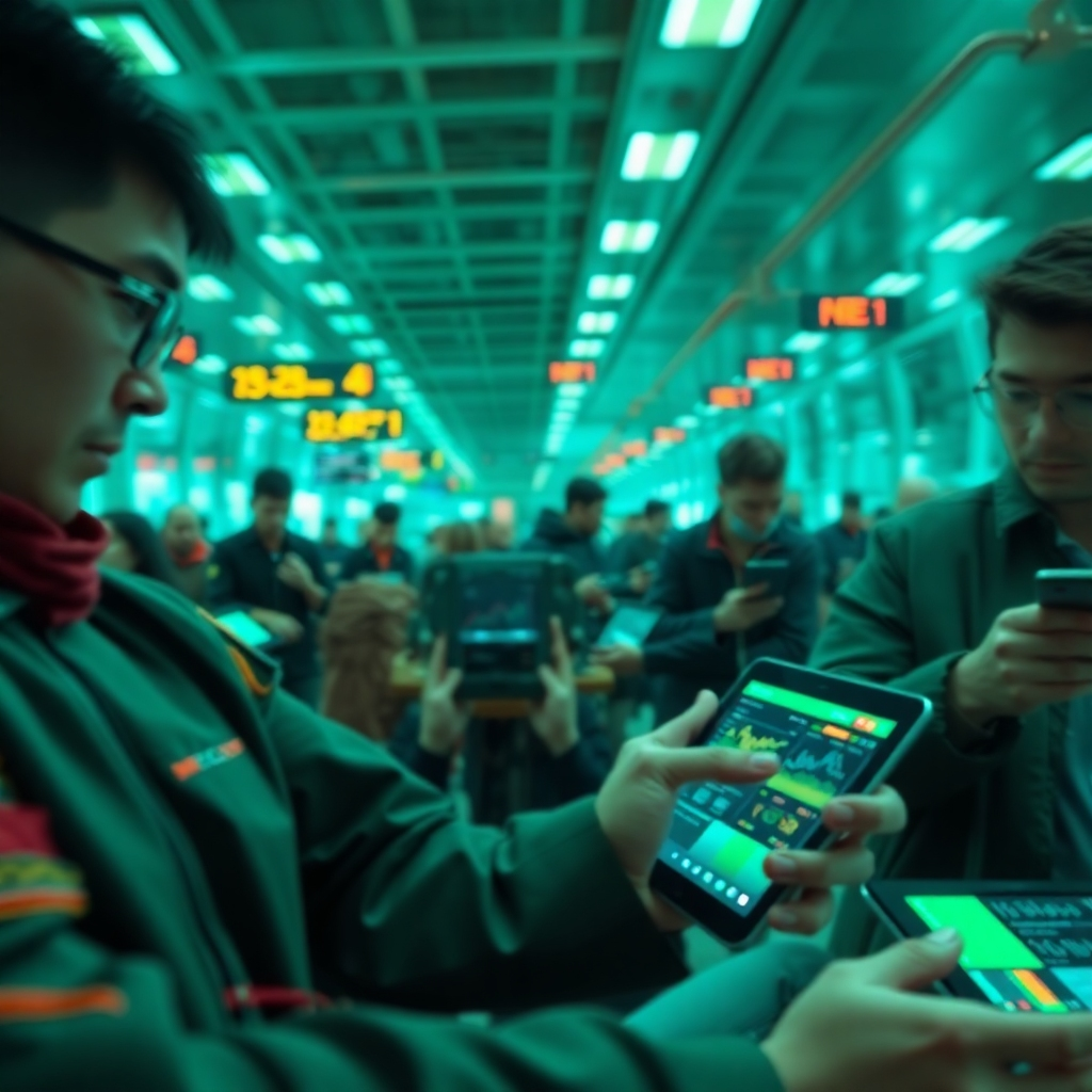 Craft an image showcasing a fast-paced environment where multiple users engage with the AI platform on different devices. The lighting should be bright, and the color palette should include shades that convey urgency and efficiency, such as greens and reds. Each user should be seen actively monitoring their progress, with digital interfaces showing real-time updates. Incorporate modern technology aesthetics to enhance visual appeal. Focus on capturing the essence of speed and productivity in a cohesive layout.