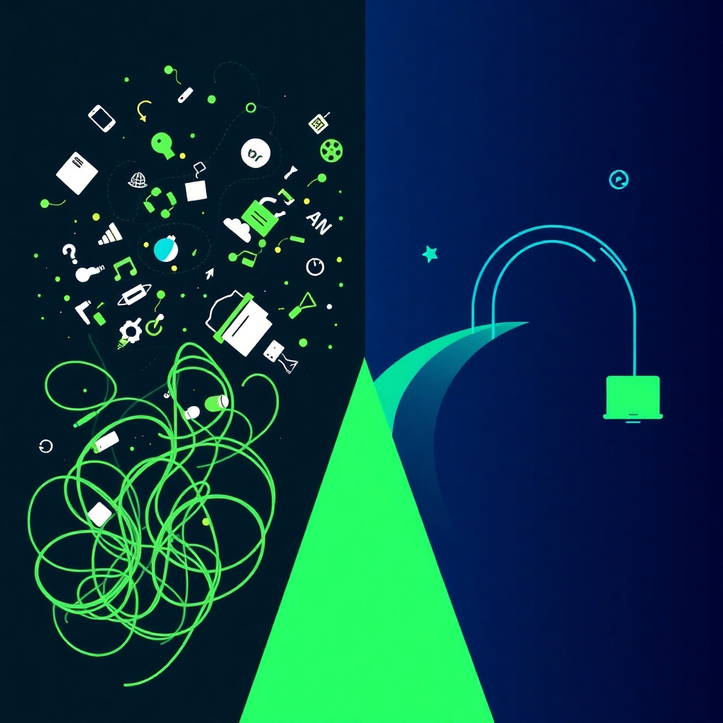 Craft an image showing contrasting sales strategies: the chaos of traditional methods versus the streamlined simplicity of automated sales. Use contrasting colors, with darker hues representing confusion, while vibrant greens and blues illustrate efficiency. Include visual elements like tangled cables versus smooth digital pathways. The artwork should invoke a sense of clarity and ease in sales, culminating in a visually engaging narrative. Aim for a clean and modern aesthetic.