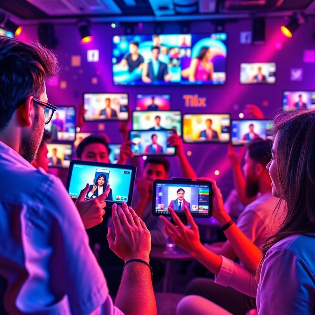 Create a captivating scene depicting users actively sharing videos on various social media platforms. Show a blend of excitement and teamwork, highlighting screens filled with social media feeds. Use a vivid color palette and lively lighting to enhance the theme of connectivity and digital engagement.