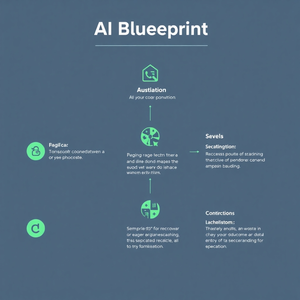 Create a clear, infographic-style image that visually outlines the three levels of the AI Blueprint. Use icons and concise labels in an appealing layout, with a balanced color scheme of fresh greens and blues to promote clarity. The background should be minimalistic to focus attention on the information and facilitate easy understanding.