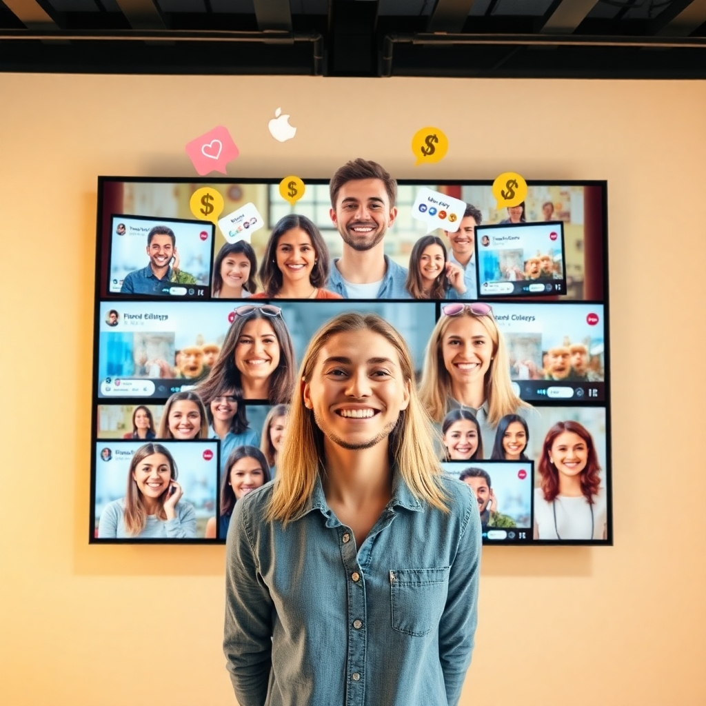 Create a collage of smiling users with their successful video projects displayed on video screens around them. Include elements like social media notifications and dollar signs to signify success. The setting should be bright and motivational, using a mix of natural and studio light to create a celebratory atmosphere.