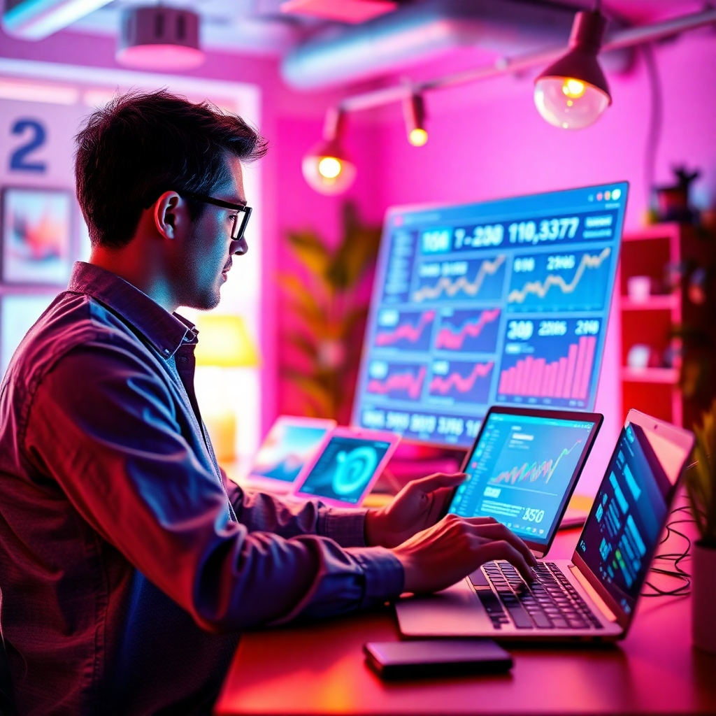 Create a compelling image depicting a social media manager checking their platform filled with engagement metrics generated by AI. The atmosphere should feel lively, with a vibrant color palette reflecting the dynamic nature of social media. Include visual elements like mobile devices and laptops in an engaging creative workspace, emphasizing excitement and connectivity. Use warm, inviting lighting to create an approachable and engaging feel, while ensuring textures convey high quality and modernity.