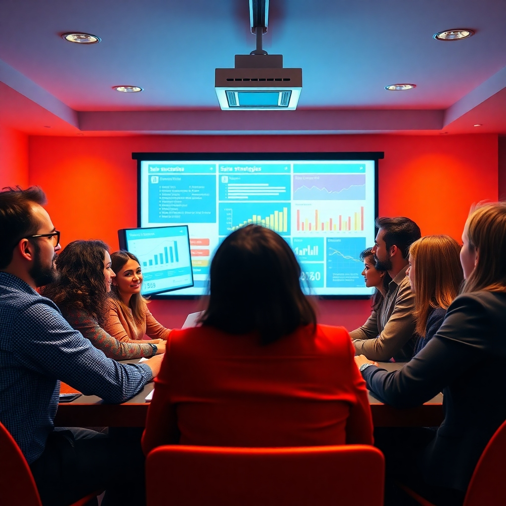 Create a compelling image showing a successful team meeting where individuals are brainstorming strategies with a digital projector illuminating sales successes in the background. The mood should be energetic and optimistic, utilizing a color scheme of oranges and blues. The composition should foster collaboration, showing diverse professionals engaged in discussion while highlighting screens of sales data. The angle should invite viewers into the scene, making them feel part of the team.