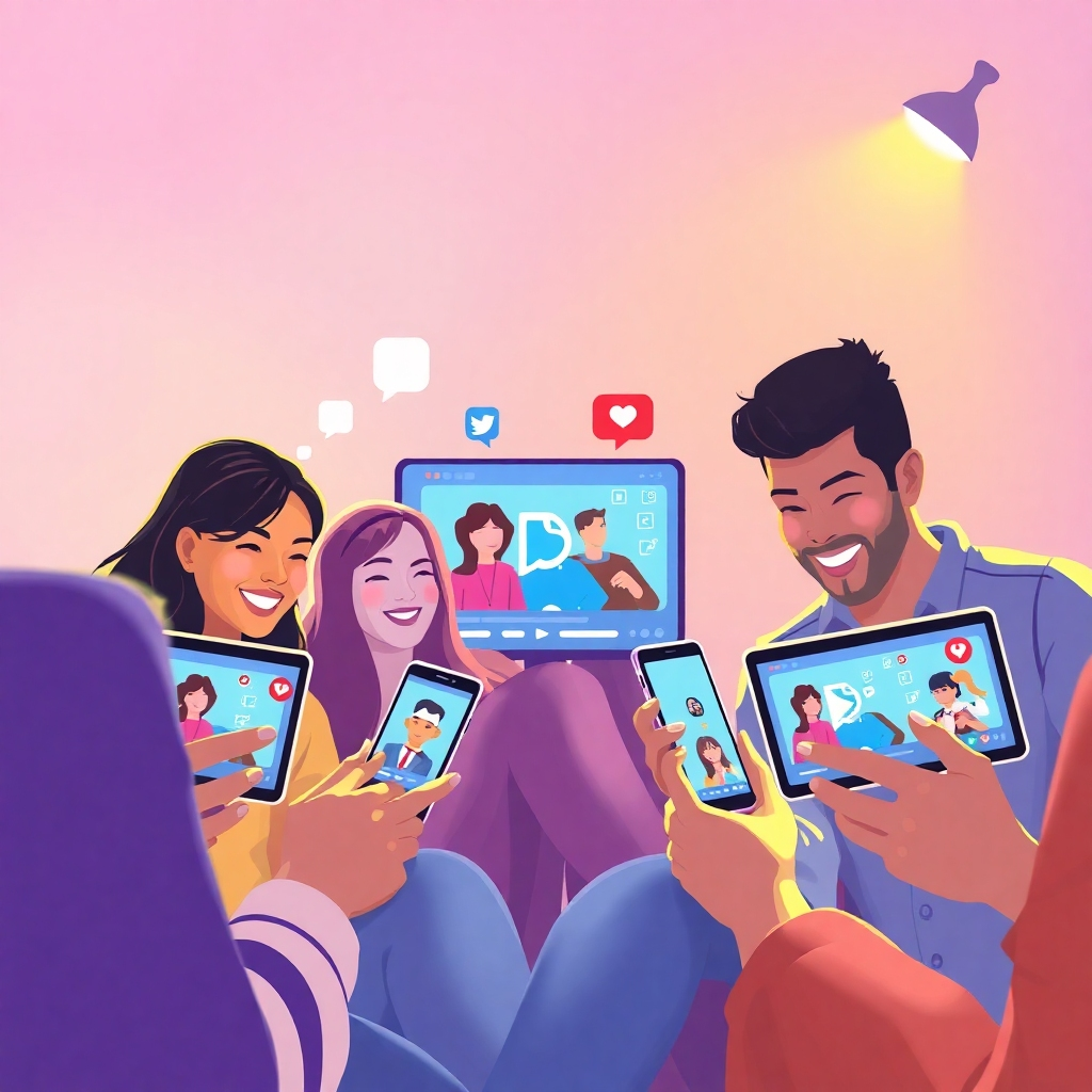 Create a contemporary scene depicting a diverse group sharing videos via various social media platforms on their devices. The background should be vibrant and lively, reflecting social interactions. Utilize energetic colors and illustrate social media logos integrated into the display screens. Soft, bright lighting should give a sense of joy and connectivity, encouraging collaborative sharing of content.