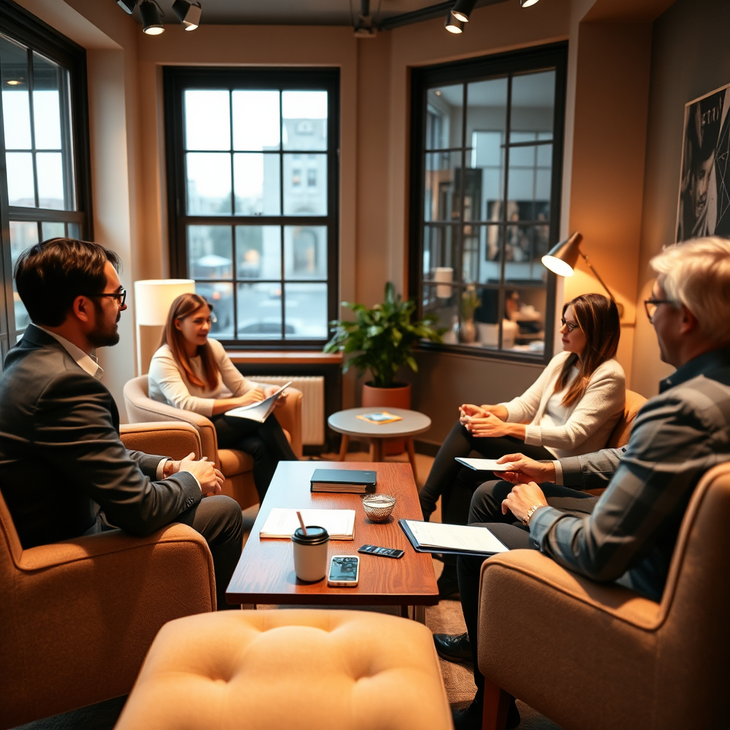 Create a cozy yet professional consultation setting where business experts discuss AI implementation. Use warm lighting that creates an inviting atmosphere, showcasing a comfortable seating arrangement. The camera angle should be at eye level, slightly zoomed in to capture the engagement of the participants. Props like note-taking materials and digital devices should be in view, emphasizing a collaborative spirit in a high-resolution format.