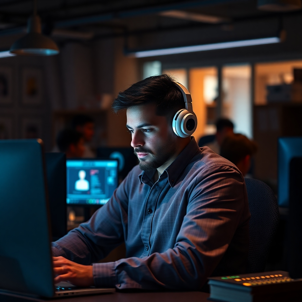 Create a dramatic snapshot of a user seeking help via AI chatbot during a critical moment. The surrounding environment should illustrate urgency, like a busy office or home setup, with glowing screens conveying support. This photorealistic design should represent the immediacy and capability of AI technology.