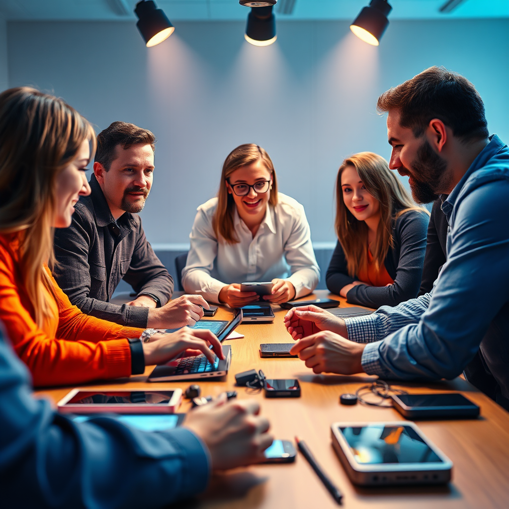 Create a dynamic image depicting a team engaged in a brainstorming session around a table filled with tech gadgets. The composition should be lively, showcasing animated discussion, with bright spotlights illuminating the group's creativity. Colors should be vibrant, with a mixture of blues and oranges to symbolize innovation. Use a close-up perspective that focuses on facial expressions and hands interacting with technology. Ensure the image texture is crisp, representing modernity and engagement in a high-quality photorealistic format.