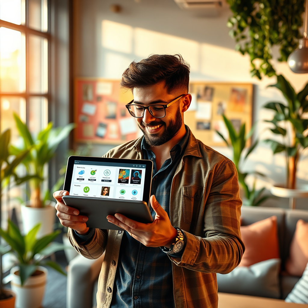 Create a dynamic image of an entrepreneur confidently using a tablet filled with Empirely's digital solutions. The setting should be an inspiring co-working space filled with greenery and modern furnishings. Golden hour lighting creates a warm and inviting atmosphere. Include inspirational artwork or project boards in the background. The textures should convey a sense of creativity and innovation. The image should be photorealistic and designed for high-quality viewing.