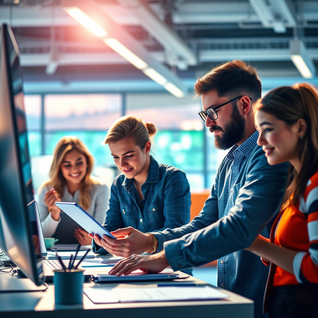 Create a dynamic image showcasing a bustling team environment where members collaborate and utilize devices enhanced by AI. Bright and engaging lighting should illuminate the scene, showcasing teamwork and productivity. Use a vibrant color palette with a mix of professional and inviting colors to indicate harmony in the workplace. Detail the texture of work materials and screens for a vivid representation.