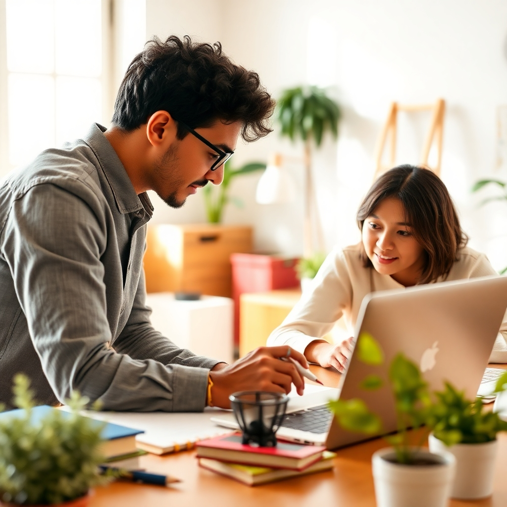 Create a high-quality image showcasing a mentor and a student collaborating on an online course project. The workspace should be bright, filled with learning materials and technology. Soft, natural light should illuminate their focused expressions. The color palette should be warm and inviting, featuring wooden textures and greenery to create an academic atmosphere. Capture their interaction, signifying progress and collaboration.