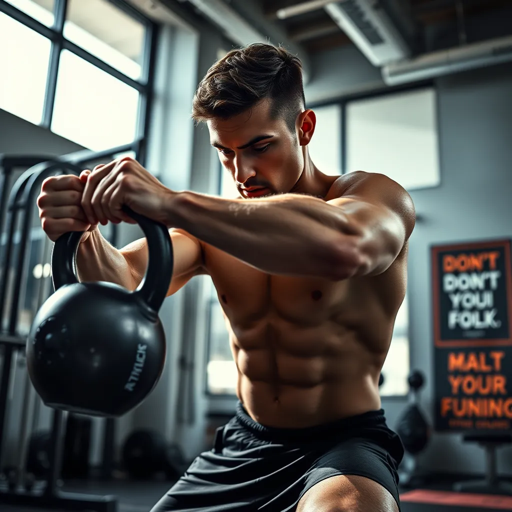 Create a highly detailed, photorealistic image symbolizing the fat burning service. The subject is a fit young man engaged in an intense workout session at a modern gym. Dramatic side lighting emphasizes the muscle tone and movement. The color palette consists of muted greys, blacks, and hints of vibrant blues, setting a focused and determined mood. The camera angle is a low perspective shot, capturing the man's powerful posture as he performs a kettlebell swing, highlighting the dynamic motion and strength. Texture details include the smooth metallic surface of the kettlebell, the rough grip tape of gym equipment, and the sweat glistening on the man's skin. Environmental elements include modern gym equipment in the background, large floor-to-ceiling windows letting in natural light, and a motivational poster on the wall. The style should resemble high-contrast sports photography, similar to the works of Michael Muller. Technical specifications: 8K resolution, hyperrealistic, and ultra-detailed.