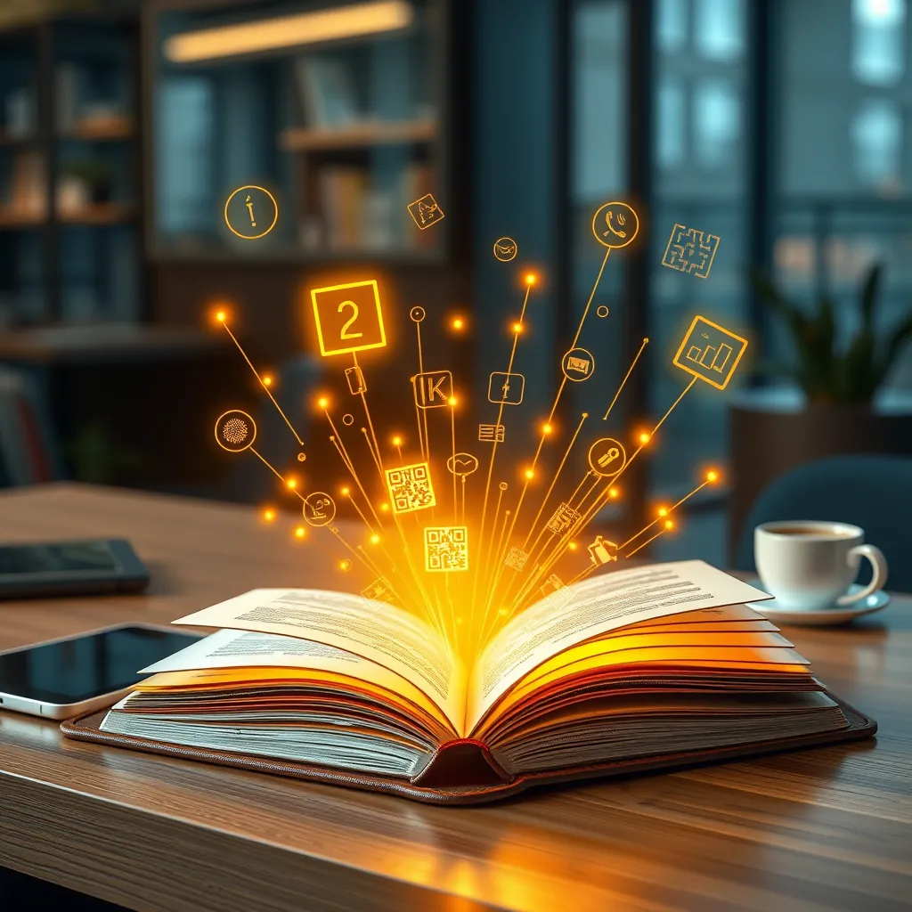 Create a photorealistic, ultra-high quality header image representing AI Interactive Books Review. The composition features a visually stunning open book at the center, with digital elements like glowing interactive icons and QR codes emanating from the pages, creating an immersive atmosphere. The lighting conditions are soft yet dynamic, highlighting the book with warm golden hues that evoke a sense of creativity and innovation. Use a rich color palette of deep blues and vibrant golds to inspire a feeling of excitement and sophistication. The camera angle should be slightly above eye level, capturing the book from a 45-degree perspective to emphasize its importance. Textures should include a high-quality leather cover on the book, with glossy pages that reflect light, while the background features a blurred modern workspace to suggest an environment of productivity. Incorporate props like a sleek tablet and a cup of coffee on a polished wooden desk to add realism. The style reference should lean towards hyperrealistic, showcasing intricate details. Technical specifications include '8K resolution' and 'hyperrealistic' quality., ultra high resolution, photorealistic, 8K, hyperdetailed, cinematic lighting