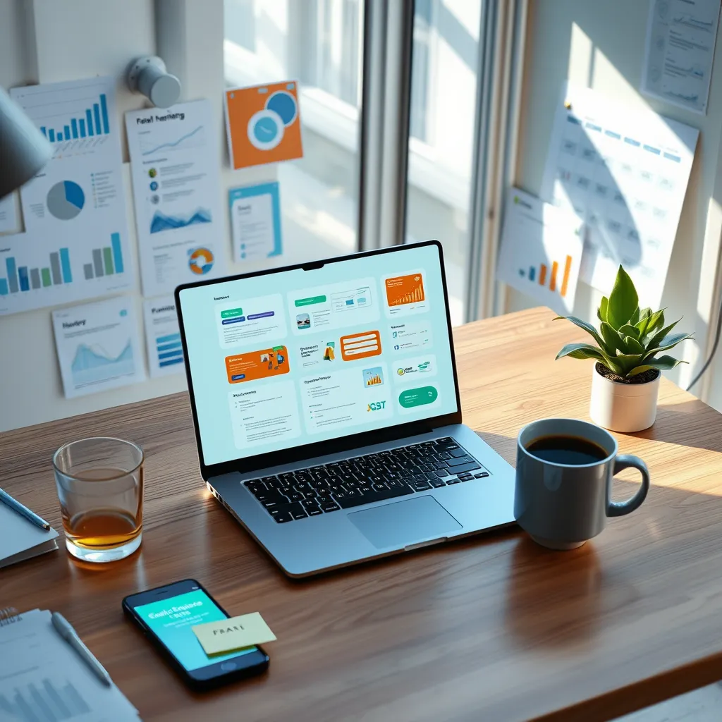 Create a photorealistic, ultra-high quality header image that embodies the essence of Email Expert AI APP. The composition should feature a sleek, modern workspace with a laptop displaying vibrant email templates, surrounded by various digital marketing tools like graphs, charts, and a calendar. The lighting should be bright and inviting, simulating natural daylight filtering through a nearby window, to create an energetic and optimistic mood. Use a color palette of soft blues and greens to convey trust and innovation. The camera angle should be slightly tilted from above to provide a comprehensive view of the workspace. Incorporate textured elements such as a wooden desk, a glass of coffee, and a plant to add warmth and life. Include relevant props like a smartphone receiving email notifications and sticky notes with reminders. The style should reference contemporary business aesthetics, aiming for a clean, modern look. Technical specifications: 8K resolution, hyperrealistic quality., ultra high resolution, photorealistic, 8K, hyperdetailed, cinematic lighting