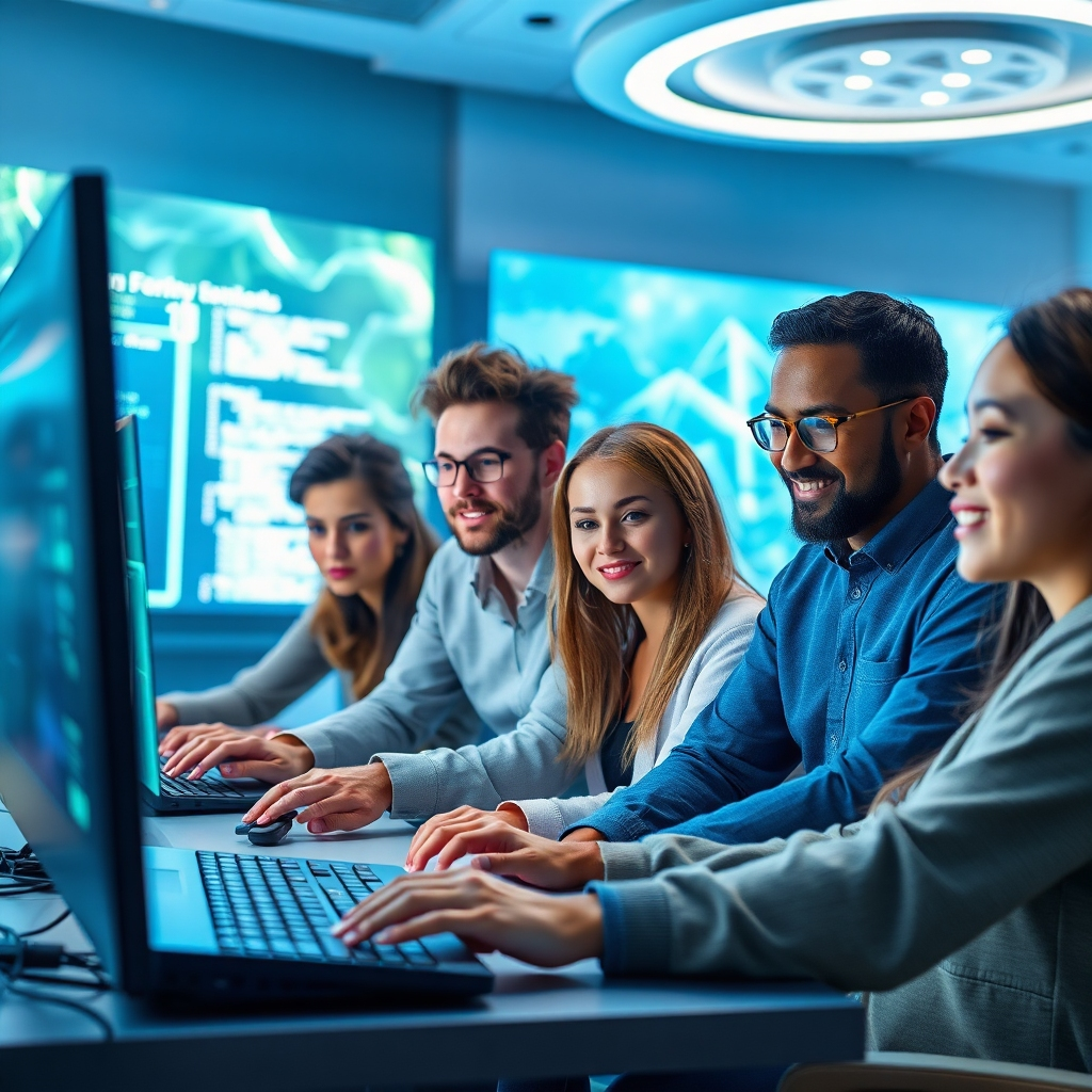 Create a photorealistic, ultra-high quality header image showcasing the concept of AI app development. The image should feature a diverse group of people, including men and women of various ethnicities, working together around a futuristic computer workspace, displaying screens with codes and AI-generated app designs. The lighting should be bright and inviting, highlighting their focused expressions and the glow of the screens. Use a vibrant color palette with blues, greens, and whites to evoke a sense of innovation and harmony. The perspective should be from a slightly elevated angle to capture the collaborative atmosphere of the workspace. Textures should include sleek, metallic surfaces of the devices and the soft textures of casual clothing. Include elements such as robotic icons, coding snippets, and a lush digital landscape in the background. Style references should align with a modern tech aesthetic. Ensure the image is in 8K resolution and hyperrealistic to captivate the viewer's attention., ultra high resolution, photorealistic, 8K, hyperdetailed, cinematic lighting