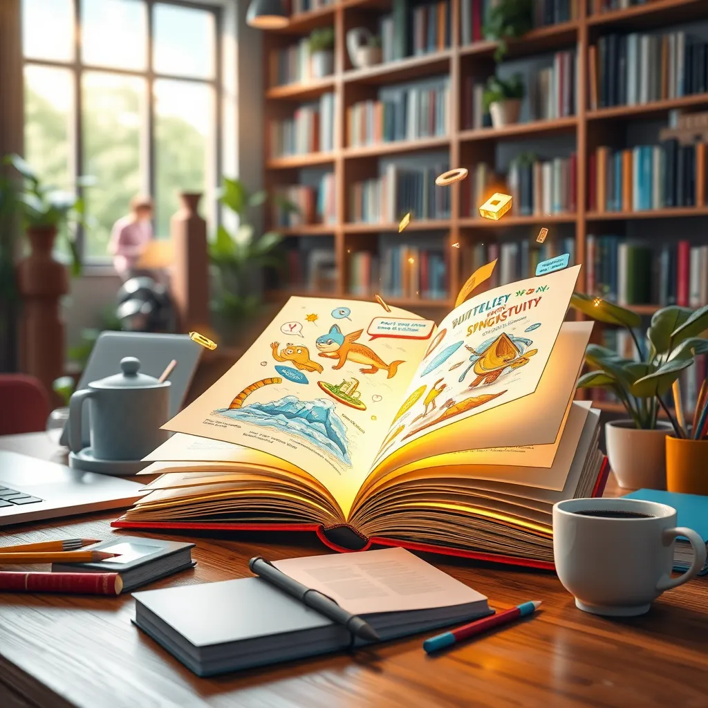 Create a photorealistic, ultra-high quality header image showcasing a vibrant, interactive book. The composition centers around an open book with glowing pages, showcasing dynamic illustrations and interactive elements like buttons and quizzes springing to life from the pages. The lighting is bright and engaging, with soft daylight streaming from the left, creating a warm and inviting atmosphere. The color palette is a harmonious blend of deep blues, bright yellows, and soft whites, evoking a sense of wonder and creativity. Use a slightly elevated perspective, as if a reader is leaning over the book, allowing for a close-up view of the rich textures of the paper and the details of the graphics. Surround the book with various elements of creativity, such as a laptop, digital tablet, colorful stationery, and a cup of coffee, all placed on a wooden desk. The background subtly features a cozy, inviting library setting with bookshelves filled with books, plants, and soft ambient lighting. Style references include hyperrealistic art that emphasizes details in textures and lighting. Technical specifications: 8K resolution, hyperrealistic., ultra high resolution, photorealistic, 8K, hyperdetailed, cinematic lighting