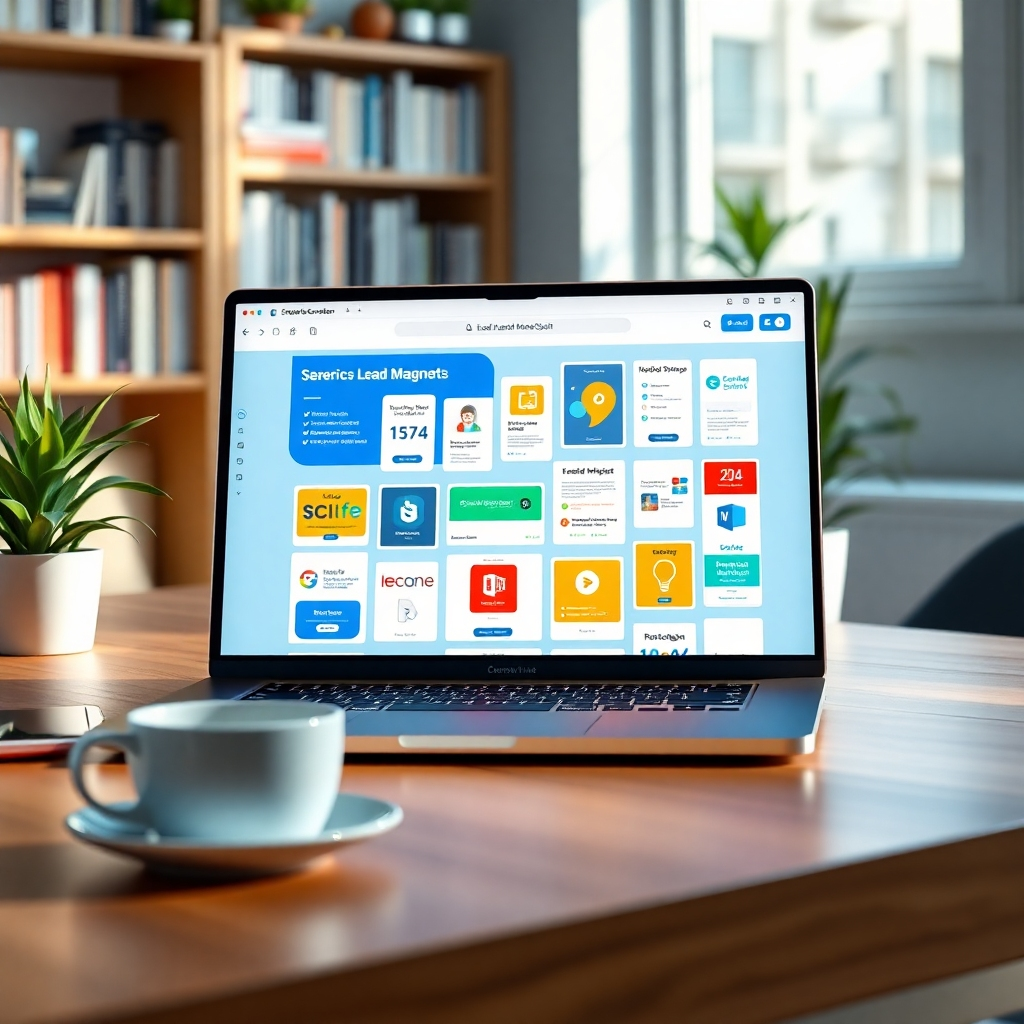Create a photorealistic header image showcasing an innovative digital workspace centered around LeadCreator AI. The composition features a sleek laptop displaying the LeadCreator interface filled with colorful lead magnet templates such as eBooks and checklists. The lighting is bright and inviting, with soft natural light coming from a nearby window, giving the scene an energizing ambiance. The color palette should include vibrant blues, greens, and whites to convey a modern, tech-savvy atmosphere. The camera angle is slightly above eye level, allowing a clear view of the screen while also capturing details of the workspace. Textures of polished wood and smooth metal in the desk and laptop should be prominent, enhancing the modern feel. Include subtle environmental elements like houseplants and a coffee cup to create a relatable workspace vibe. Background details such as a blurred bookshelf filled with business and marketing books complement the theme. Style references should include hyperrealism and a clean, minimal aesthetic. Technical specifications for the image: 8K resolution, hyperrealistic, focused on clarity and detail., ultra high resolution, photorealistic, 8K, hyperdetailed, cinematic lighting